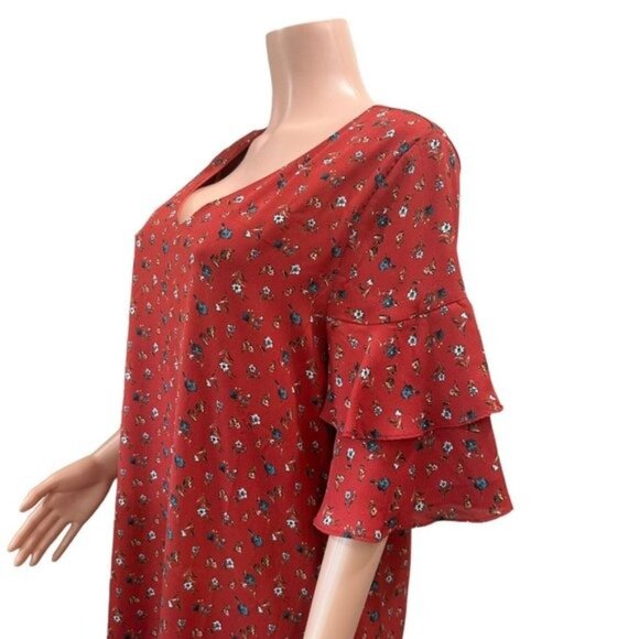 She + Sky Women SZ Large Maroon Floral Multi Mini Dress-Bell Sleeve-Pullover - Picture 12 of 13